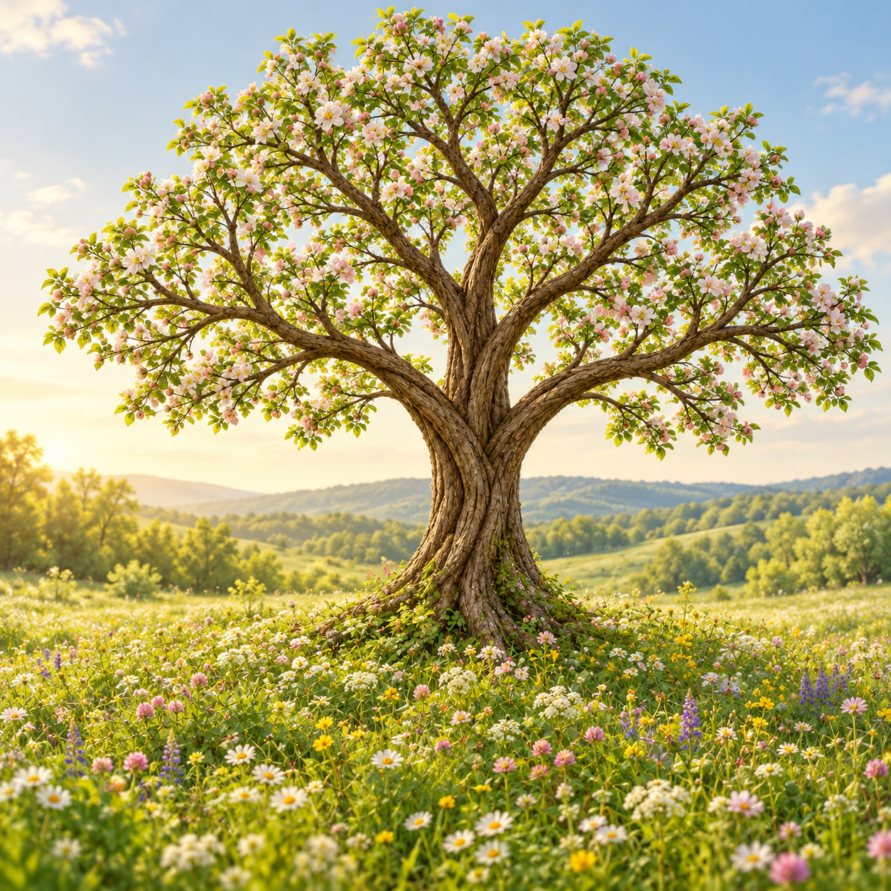 Árbol verde y florido en una pradera; su vista de conexiones revela raíces y flujos luminosos